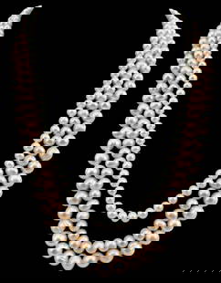 Sterling Silver Pink & White Freshwater Pearl Necklaces: Sterling Silver Pink & White Freshwater Pearl Necklaces. Clasps marked 925. Largest strand approximately 20.0in, pearls approximately 7.9mm. Middle strand approximately 18.0in, pearls approximately
