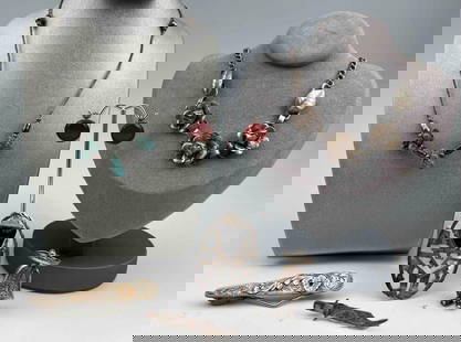 Vintage Sterling Silver Jewelry Lot: Vintage Sterling Silver Jewelry Lot, 68.5g. Each piece marked or test as sterling. Includes Vintage Mexican Pieces, Native American Turquoise Necklace, Western Silver & Gold Tie Bar, Cuff Links,Large