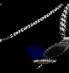 Tibetan Sterling Silver Lapis Lazuli Necklace: Tibetan Sterling Silver Lapis Lazuli Necklace, 97.0g. Unmarked, tests as sterling silver. Length approximately 17.0in. Pendant approximately 2.0L x 1.5W in.