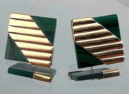 14K Geometric Malachite Earrings: 14K Geometric Malachite Earrings, 8.0g. Marked 14K. Signed illegibly. Approximately 0.75L x 0.75W in. ALL CREDIT CARDS WILL BE MANUALLY VERIFIED PRIOR TO SHIPMENT.