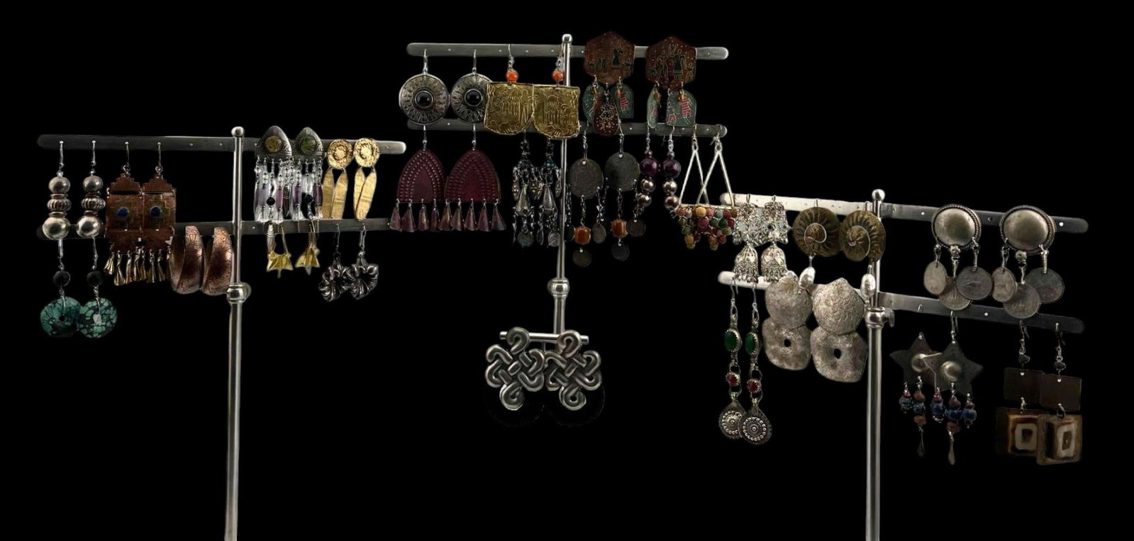 Costume Jewelry Earrings, Many Tribal & Hand Made Pieces: Costume Jewelry Earrings, Many Tribal & Hand Made Pieces. One pair marked "Alva Museum Replica". Largest pair approximately 3.125L x 1.75W in. Smallest pair approximately 1.375L x 1.375W in.