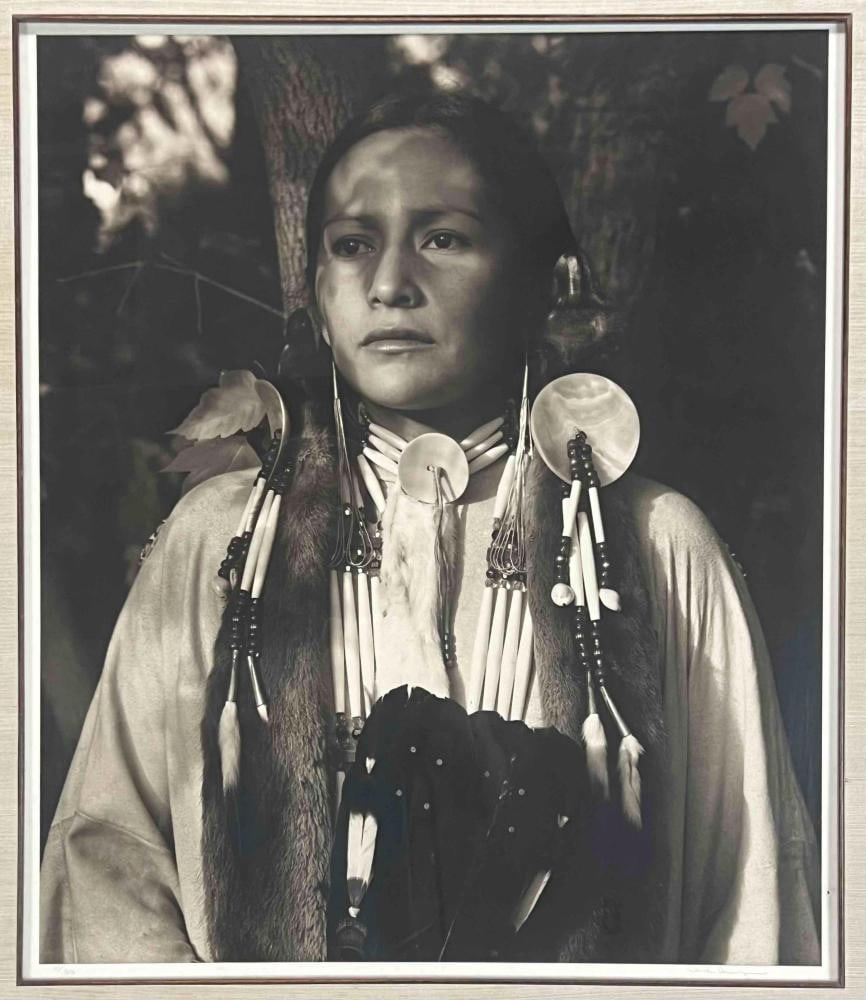 Chuck Henningsen (American, 1935-2016) Portrait Of Native American Woman, Platinum Photograph: Chuck Henningsen (American, 1935-2016) Portrait Of Native American Woman, Platinum Print. Signed lower right, numbered 8/30. As framed 35.75H x 31.5W x 1.125D in. Sight 22.75H x 19.5W in. All Measurem