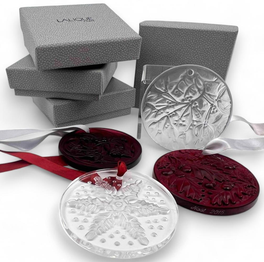 Four Lalique Red & White Crystal Christmas Ornaments: Four Lalique Red & White Crystal Christmas Ornaments With Original Boxes. Signed "Lalique France." Each approximately 2.625W in.