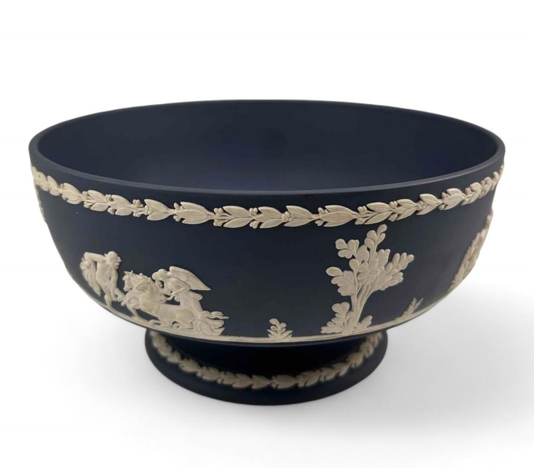 Wedgewood Portland Blue Footed Jasperware Bowl: Wedgewood Portland Blue Footed Jasperware Bowl. Marked "Wedgewood Made in England." Approximately 8.5W x 4.375H in.