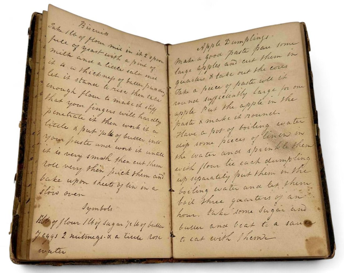 Ca.1870 Hand Written Cookbook: Ca.1870 Hand Written Cookbook. 114 pages of recipes, including puddings, jellies, pickles, soups, meat & fish dishes, and more. Notes within book read "Ann Mary Donohoe's Cook Book, my Grandmother.." 