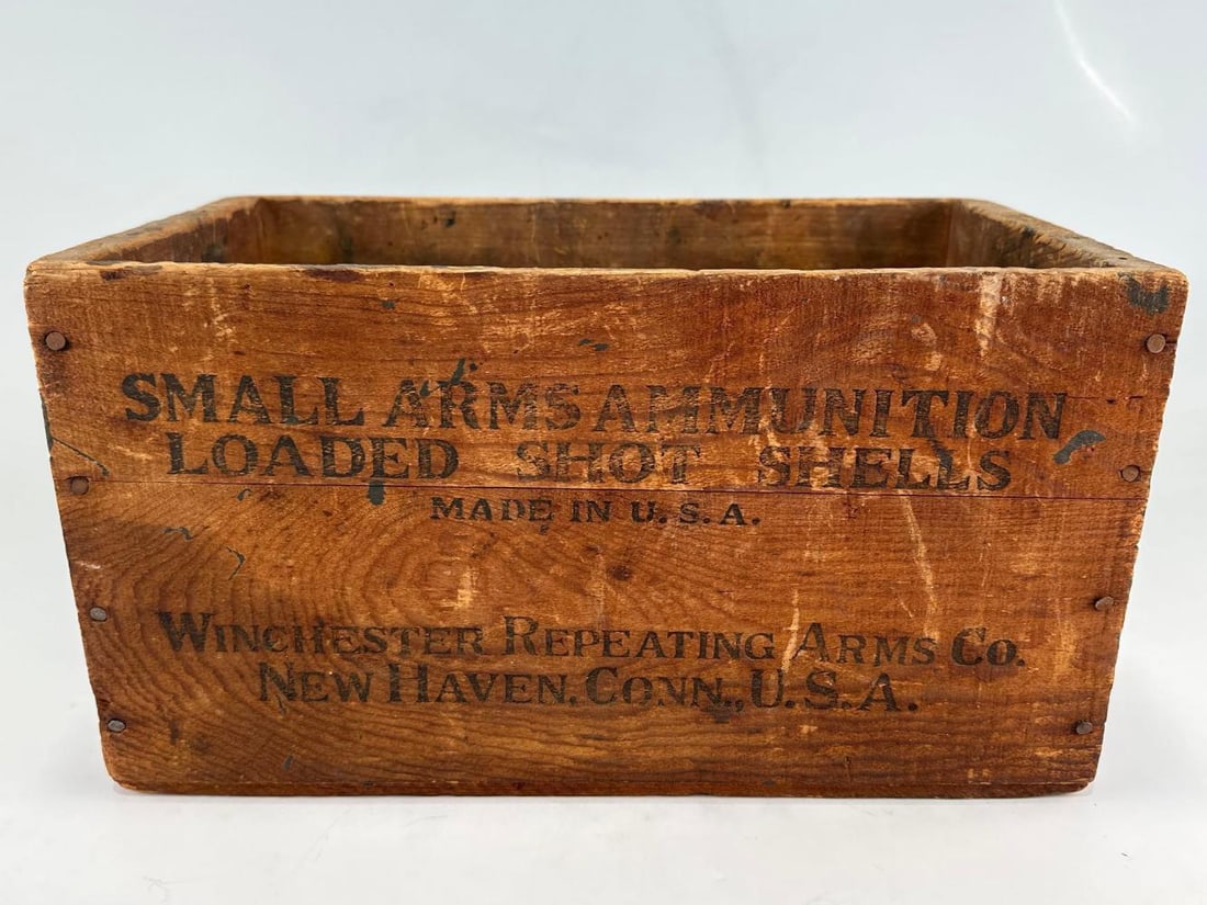 Winchester Wooden Ammunition Crate: Winchester Wooden Ammunition Crate. Marked "Winchester Repeating Arms Co. New Haven Conn, U.S.A. Small Arms Ammunition Loaded Shot Shells Made In U.S.A.