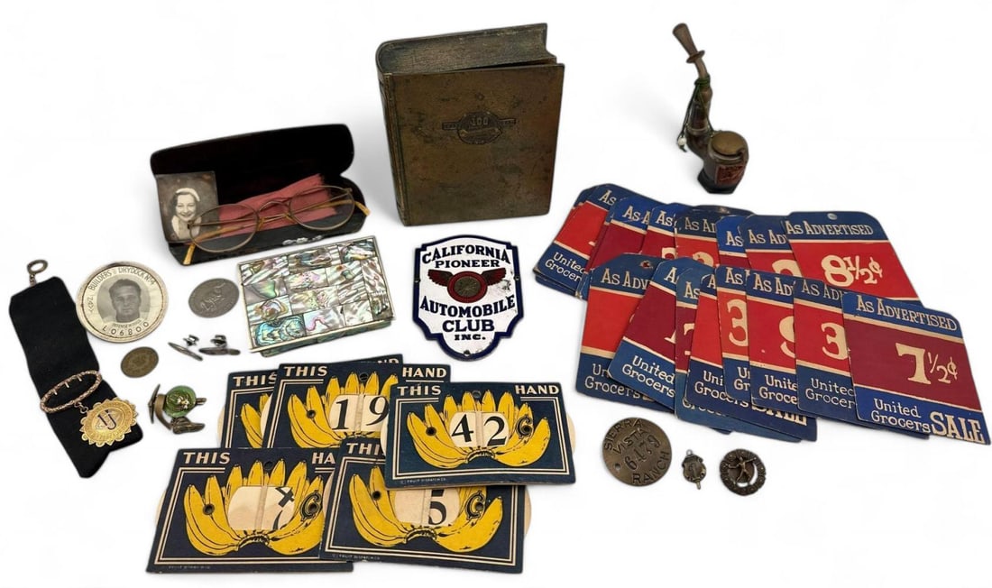 Lot Of Antiques & Vintage Collectibles, Including California Automobile Club Porcelain Badge (1 of 20)