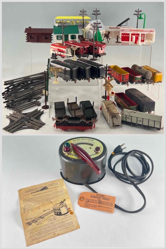 Train Set, Including Lionel Hafner Cars: Two A.C. Gilbert Co. Transformers and Train Set, Including Lionel & Hafner. Marked Rock Island, HafnerTrains, Lionel Lines, Generals Coal Co. and Santa Fe. Largest (Plasticville Diner) 9.0W x 3.25H x