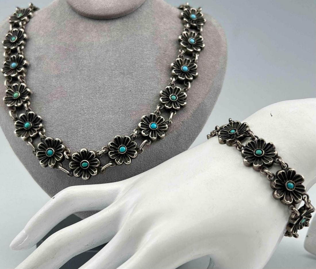 Sterling Silver Turquoise Necklace & Bracelet Set (1 of 9)