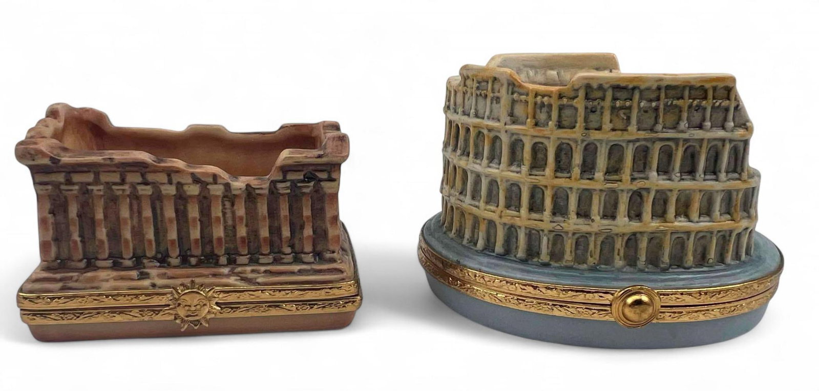 Limoges Artoria Coliseum & Parthenon Porcelain Boxes: Limoges Artoria Coliseum & Parthenon Porcelain Boxes. Both marked "Artoria Limoges Peint Main Made in France." Coliseum numbered 499/1000. Parthenon numbered 362/1000. Approximately 1.875H x 3.0W x 2.