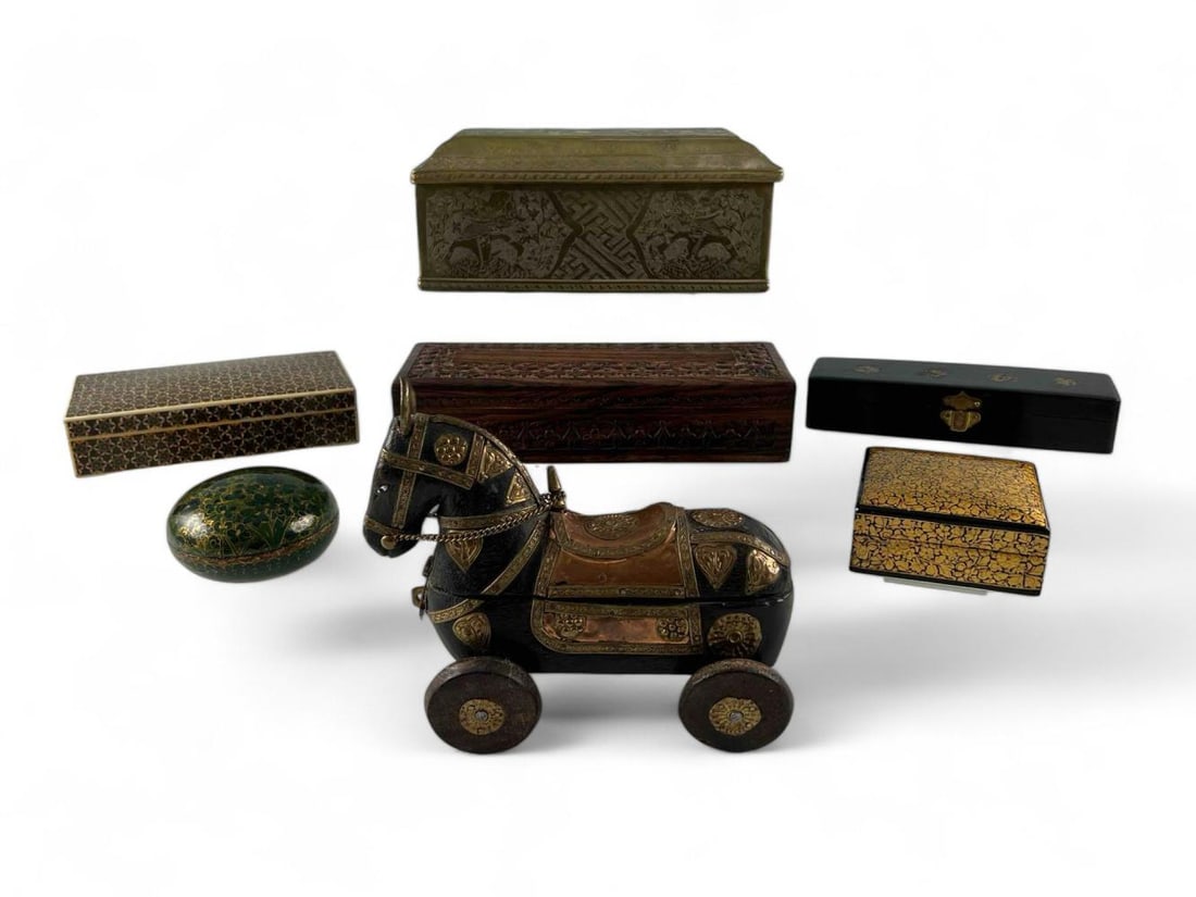 Lot Of Collectible Boxes Including Khatam Marquetry, Rajasthani Horse Box (1 of 19)