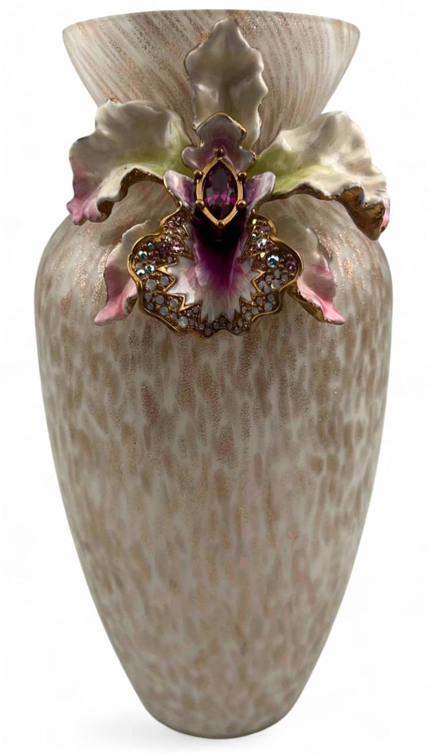 Jay Strongwater, Enamel Orchid Art Glass Vase: Jay Strongwater, Enamel Orchid Art Glass Vase. Approximately 8.0H x 3.875W in.