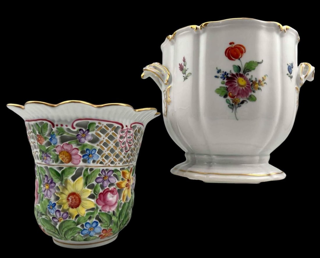 Herend Hungary Giftware & Nymphenburg Porcelain Vases: Herend Hungary Giftware & Nymphenburg Porcelain Vases. Herend approximately 4.75H x 5.5W in. Nymphenburg approximately 5.0H x 7.0W x 5.0D in.