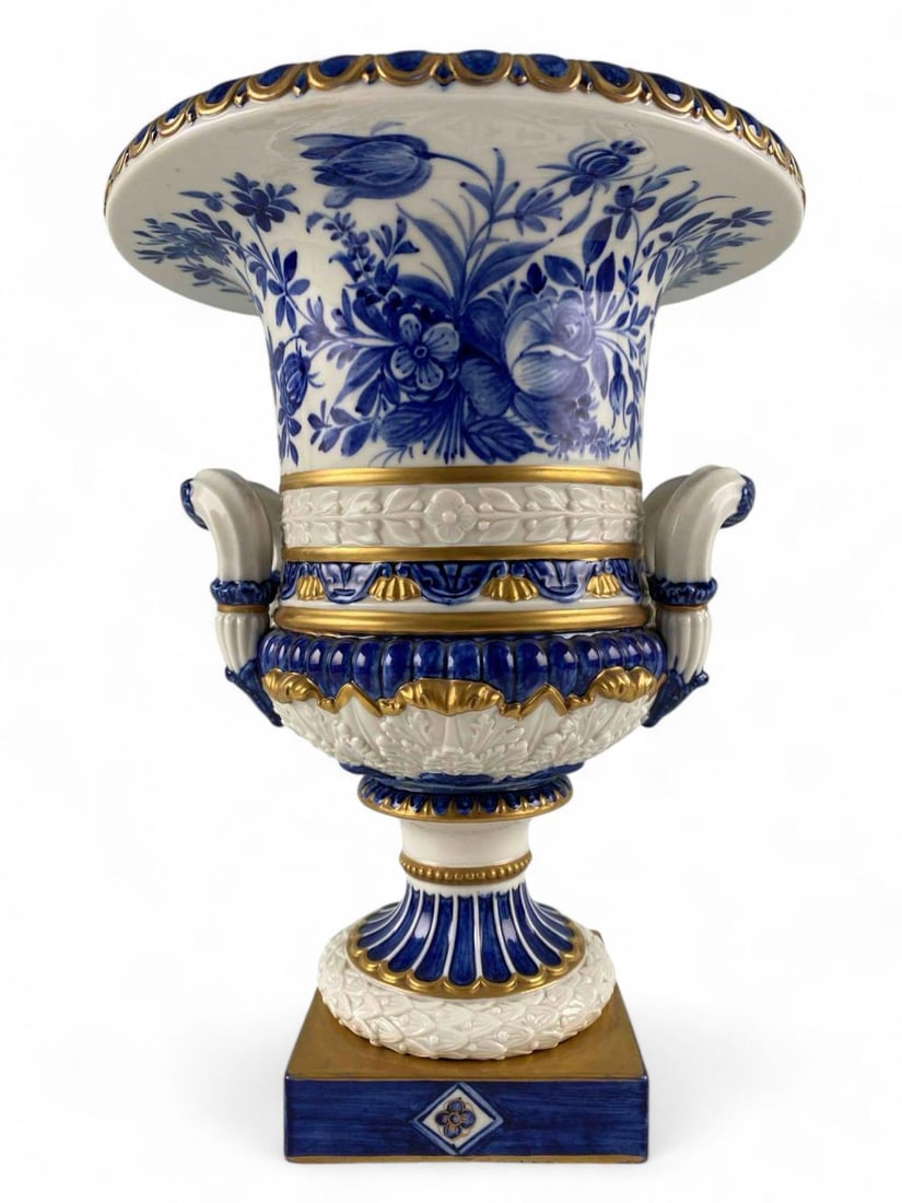 Italian Hand Painted Blue & White Porcelain Urn: Italian Hand Painted Blue & White Porcelain Urn. Marked "Hand Painted Italy For Lord & Taylor. Approximately 10.25H x 8.0W in.