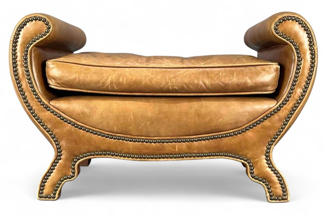 Century Furniture Leather Ottoman: Century Furniture Leather Ottoman With Brass Tack Detail. Approximately 32.5W x 19.0D x 20.25H in.