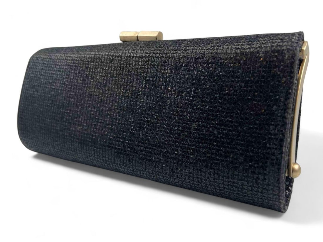 Jimmy Choo Black Glitter Clutch Purse: Jimmy Choo Black Glitter Clutch Purse. Approximately 8.875L x 4.25H x 1.75D in.