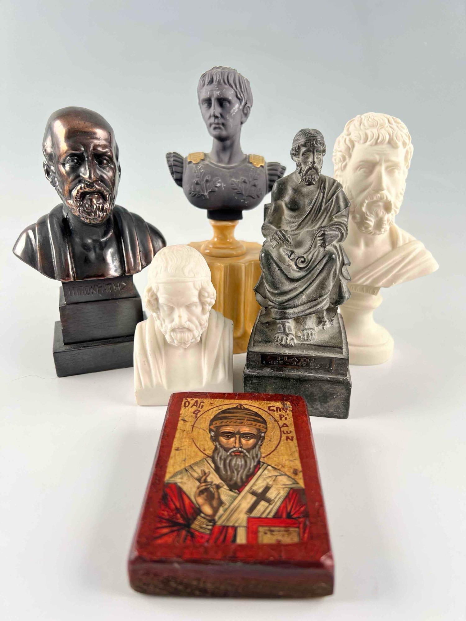 Busts & Painted Wooden Plaque: Busts & Painted Wooden Plaque. Largest piece approximately 7.5H x 3.5W x 3.125D in.