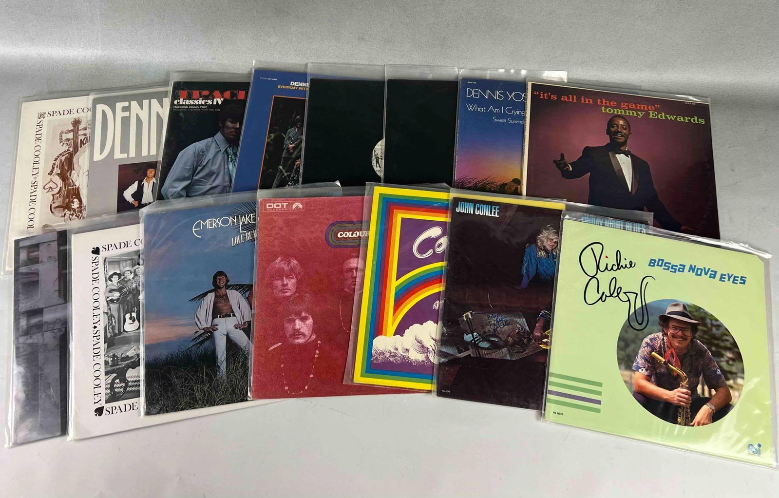 Lot Of Vinyl LP's Including Spade Cooley, John Conlee, Colours, Emerson Lake & Palmer, Tommy Edwards: Lot Of Vinyl LP's Including Spade Cooley, John Conlee, Colours, Emerson Lake & Palmer, Tommy Edwards, Traces, and Dennis Yost.