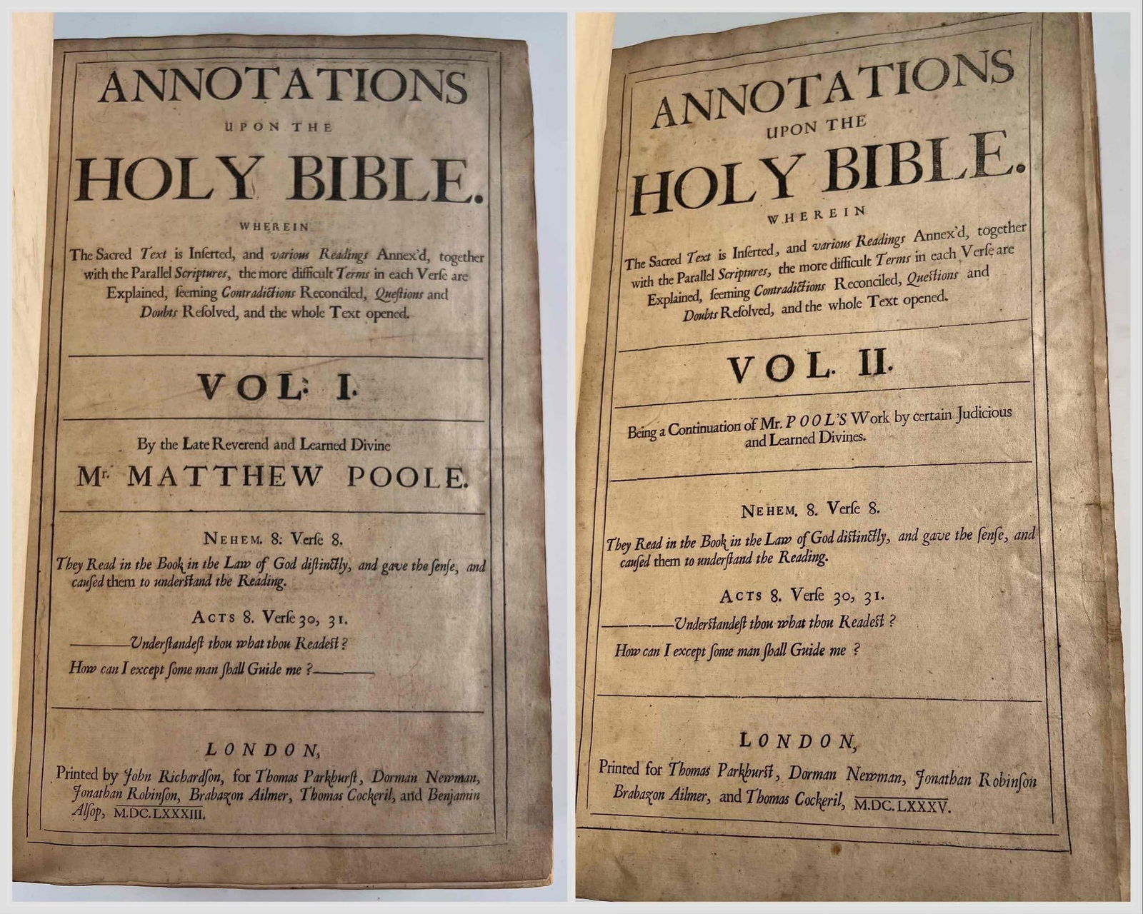 Annotations Upon The Holy Bible, Matthew Poole Et al. 1683, 1685, Volumes I & II (1 of 10)