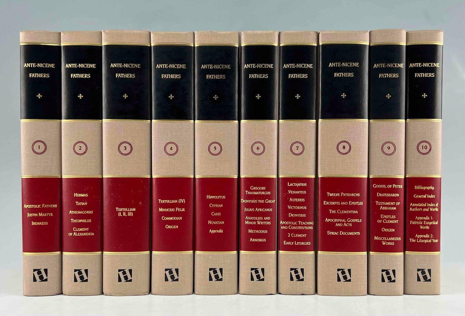 The Ante-Nicene Fathers, Hendrickson Publishers, 1995 , Complete Ten Volume Set: The Ante-Nicene Fathers, Edited Alexander Roberts & James Donaldson, Hendrickson Publishers, 1995, Ten Volume Set. Each Approximately 9.5H x 6.75W x 1.75D in.
