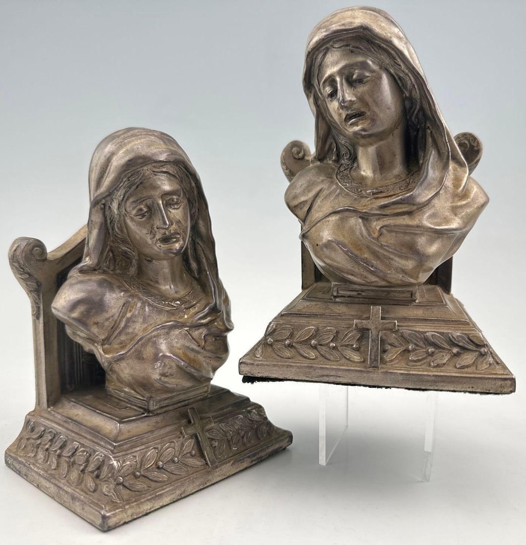 Antique Virgin Mary Cast Metal Bookends: Antique Virgin Mary Cast Metal Bookends. Approximately 5.625H x 4.0W x 3.125D in.