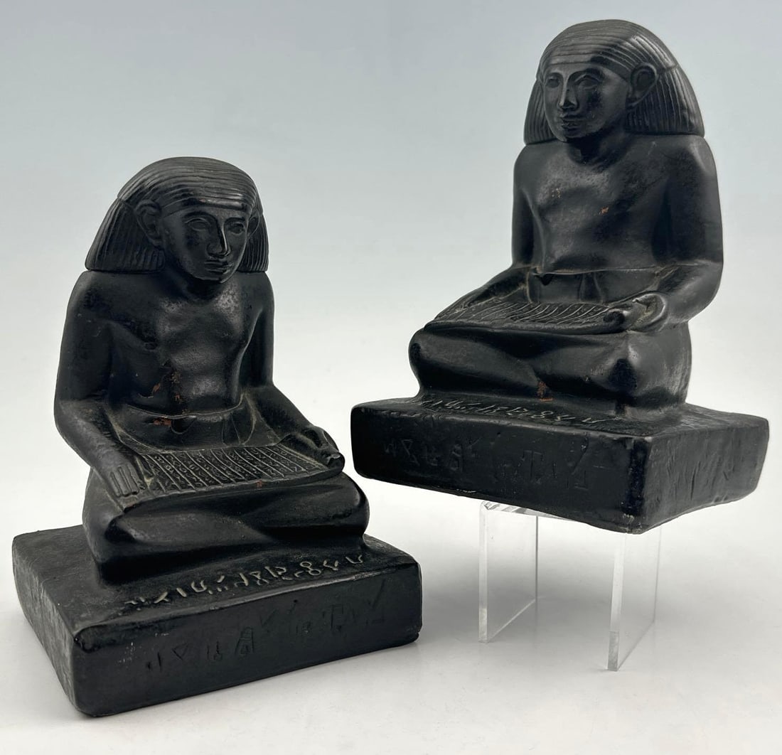 Egyptian Revival Copper Overlay Scribe Bookends: Egyptian Revival Copper Overlay Figural Bookends. Each Approximately 6.5H x 4.63W x 4.0D in