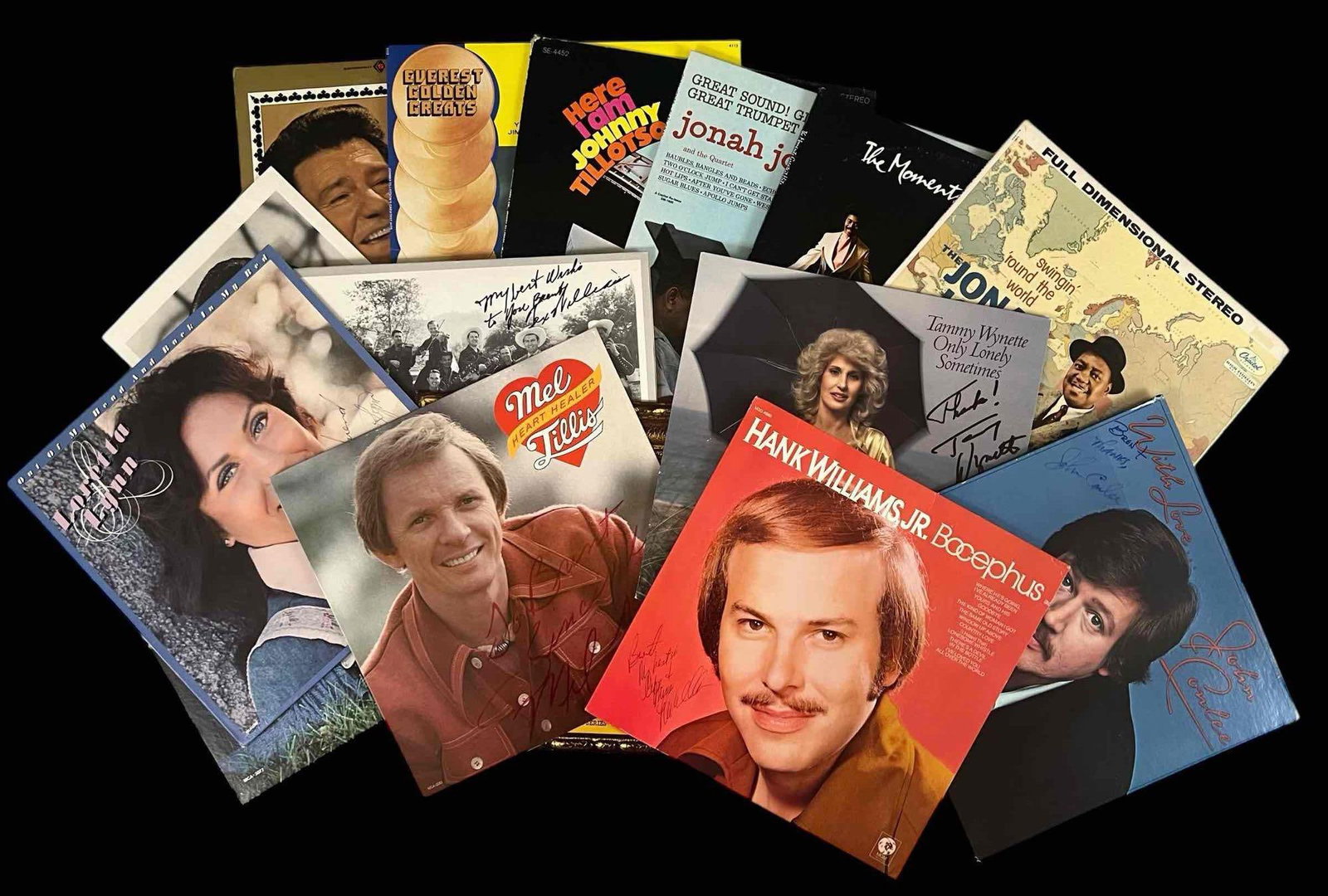 Fourteen Vinyl LP's & Autographed Album Covers: Fourteen Vinyl LP's & Autographed Album Covers. Includes: Tex Williams' Western Caravan, Autographed "All My Best Wishes To You Brent, Tex Williams," AFM, AFM711; Spade Cooley & Tex Williams Collector