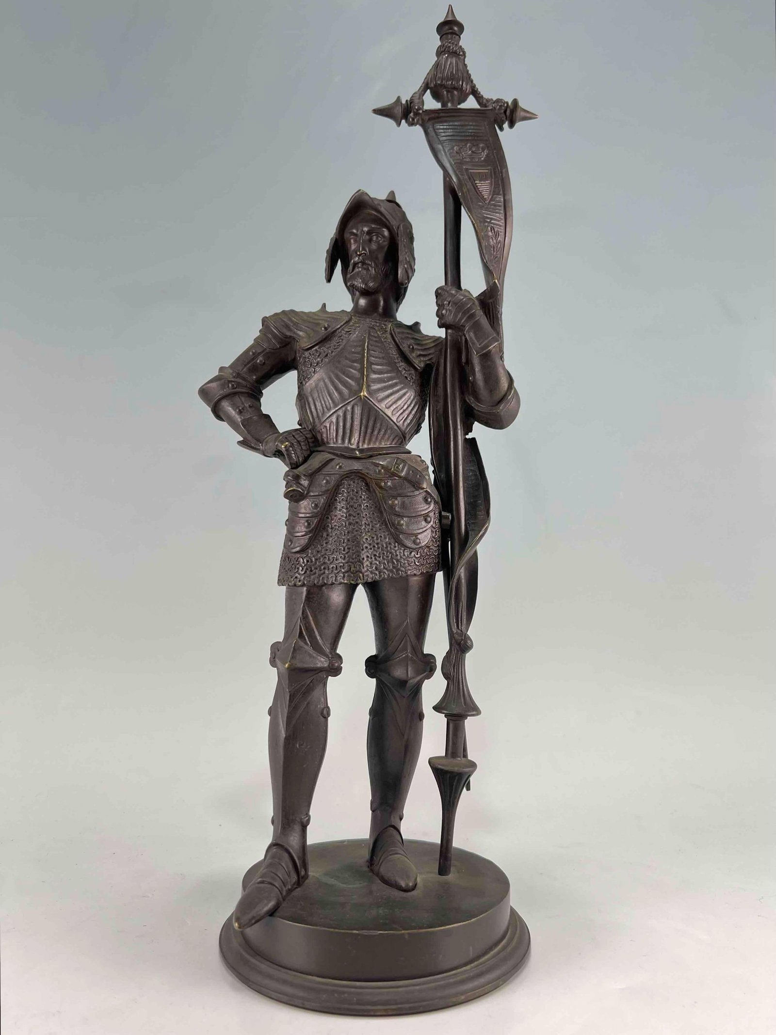 Knight In Armor, Ca. 19th C. Cast Bronze Sculpture: Knight In Armor, Ca. 19th C. Cast Bronze Sculpture. Approximately 16.5H x 5.75W x 5.0D in.