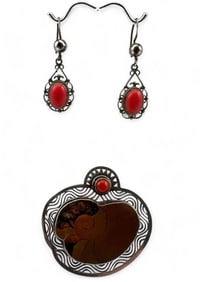 Sterling Silver Ammonite Fossil Coral Brooch & Earrings