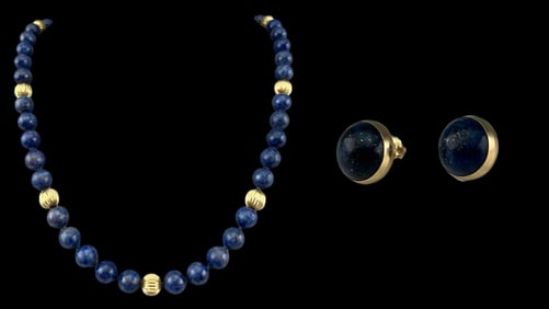 14K Gold Bead Lapis Lazuli Necklace & Earrings