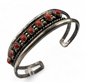 Navajo Sterling Silver Coral Cuff Bracelet