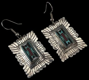 Zuni Hand Stamped Sterling Silver Inlay Earrings