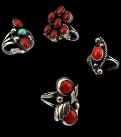 Four Navajo Sterling Silver Coral Rings