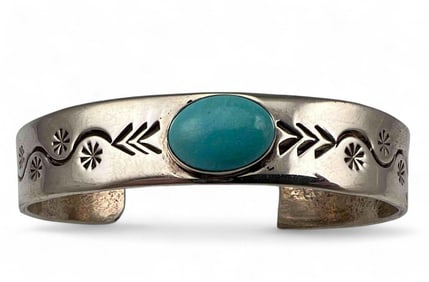 Native American Hand Stamped Sterling Silver Sleeping Beauty Turquoise Cuff Bracelet