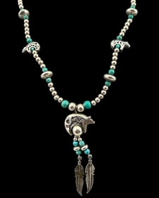 Native American Sterling Silver Beaded Bear Necklace