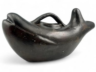 Etched Black Ware Pottery Fish Vessel