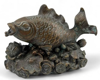 Chinese Bronze Fish Sculpture With Lucky Coins