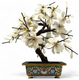 Chinese Hardstone Jade Tree In Brass Cloisonne Pot