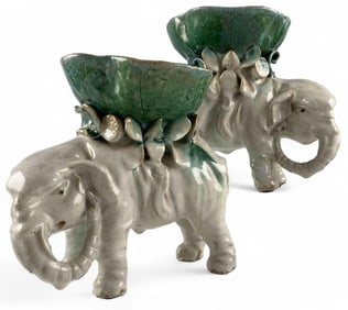 Pair Of Sancai Glaze Elephant & Lotus Form Vases