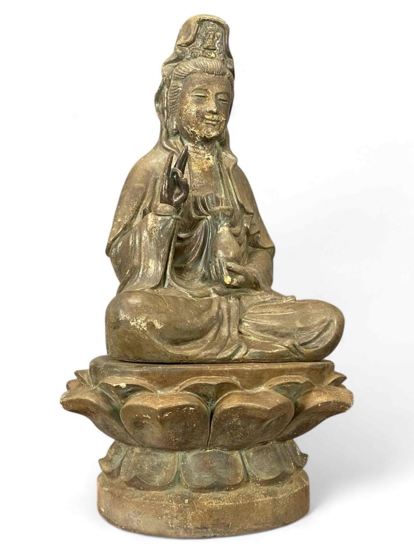 Large Cast Stone Guanyin: Large Cast Stone Guanyin Sculpture. Marked "Art Craft Oakland Calif". Approximately 40.25H x 23.0W x 20.0D in.