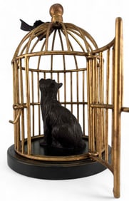 Cat In The Birdcage Mixed Metal Sculpture