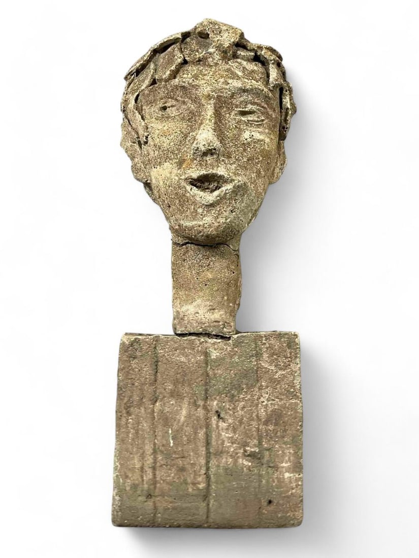 Unusual Cement Bust Of Boy: Unusual Cement Bust Of Boy, Titled "Marcus."Approximately 20.25H x 7.5W x 7.5D in.