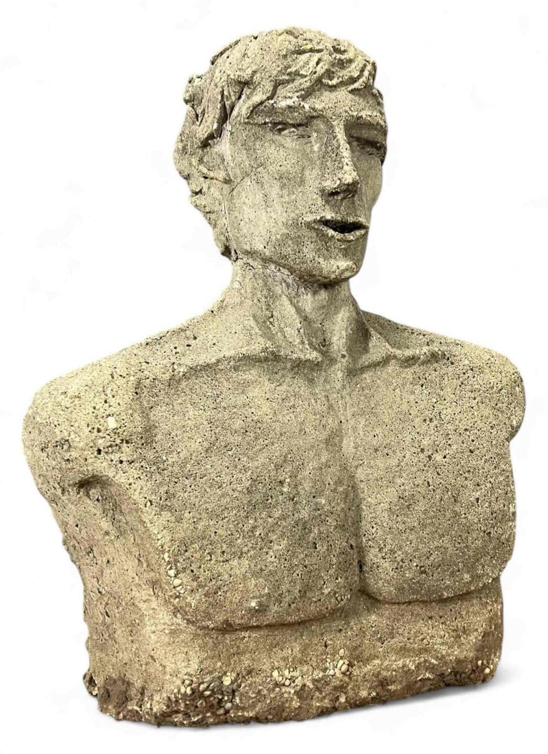 Unusual Cement Bust Of Man: Unusual Cement Bust Of Man. Approximately 24.5H x 19.5W x 6.0D in.