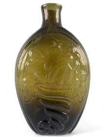 Mid 19th Century Olive Green Antique American Flask With Cornucopia Motif