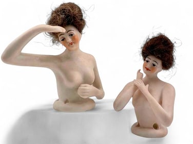 Two Antique German Bisque Half Dolls With Wigs