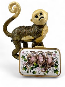 Two Enamel Monkey Keepsake Boxes, Including Halcyon Days