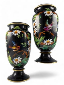 Pair Of Hand Painted Porcelain Vases With Bird Motif