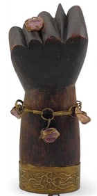 Large Wood Figa Hand With Brass & Amethyst Bracelet