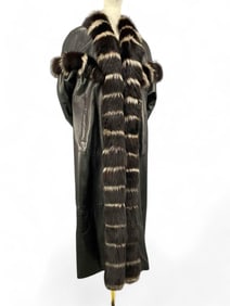 Designer Full Length Black Leather Coat with Tuxedo Fox Fur Trim