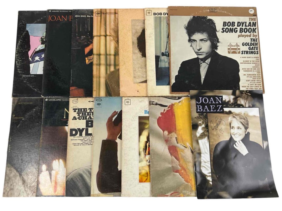 Bob Dylan & Joan Baez, Fourteen Vinyl Albums And Autographed Tour Book: Bob Dylan & Joan Baez, Fourteen Vinyl Albums And Autographed Tour Book. Includes: Joan Baez Autographed Tour Book; Blessed Are, Vanguard Recordings, VSD-6570/1 (Two Record Set); Joan, Vanguard, VRS-92